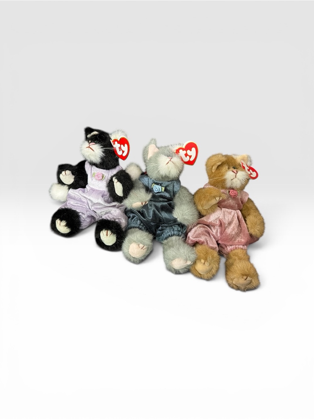 Ty Plush Cat Trio in Black, Gray, Brown with Velvet Outfits